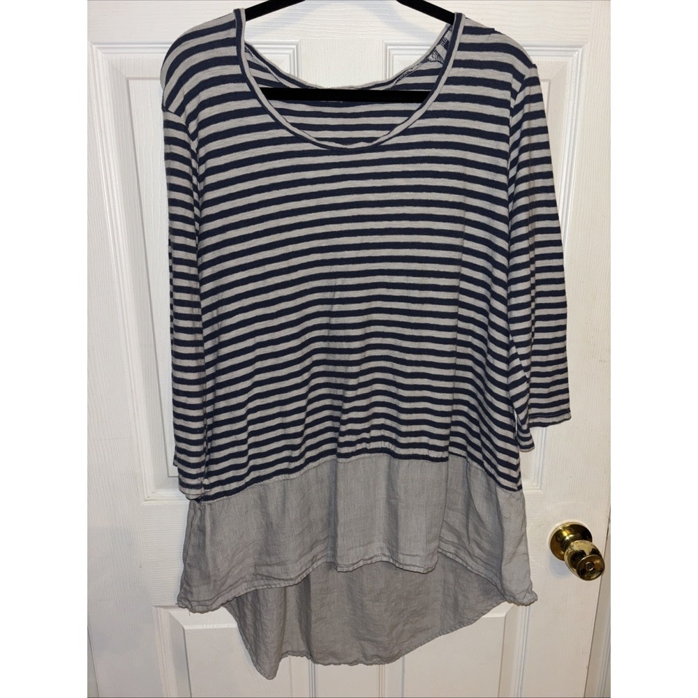 Cut Loose XL Tunic Gray Blue Stripe Linen Knit Top Woven Hem High Low Relaxed